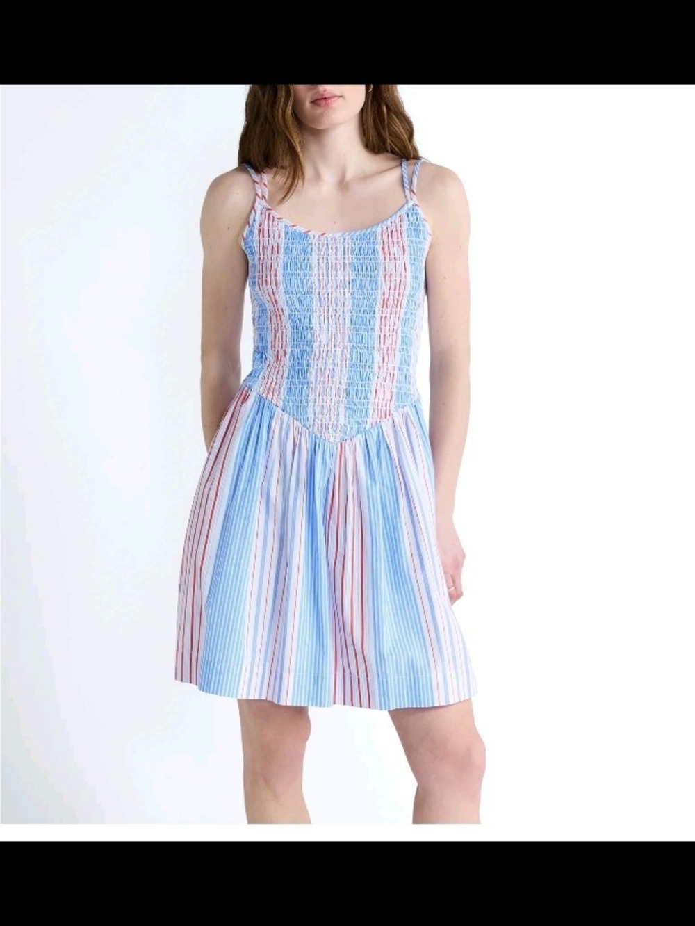 NWT Free Assembly Smocked Cotton Mini Dress Blue Red Stripe Pockets